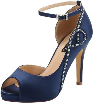 ERIJUNOR Women Peep Toe Side Open Rhinestones Comfortable Platform Satin Bridal Wedding Party Shoes