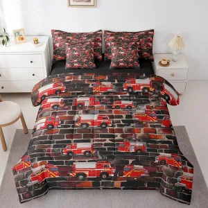 Erosebridal Fire Truck Full Bed in A Bag 7 Piece Fire Engines Trucks Comforter Set Cartoon Firemen Car Bedding Set for Kids Boys Toddler,Firefighter Vehicle Sheet Set with Comforter Pillow Covers