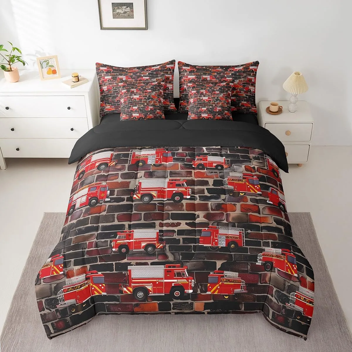 Erosebridal Fire Truck Full Bed in A Bag 7 Piece Fire Engines Trucks Comforter Set Cartoon Firemen Car Bedding Set for Kids Boys Toddler,Firefighter Vehicle Sheet Set with Comforter Pillow Covers