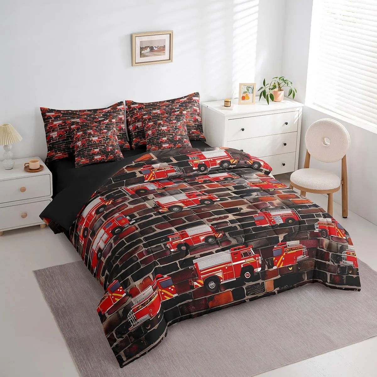 Erosebridal Fire Truck Full Bed in A Bag 7 Piece Fire Engines Trucks Comforter Set Cartoon Firemen Car Bedding Set for Kids Boys Toddler,Firefighter Vehicle Sheet Set with Comforter Pillow Covers