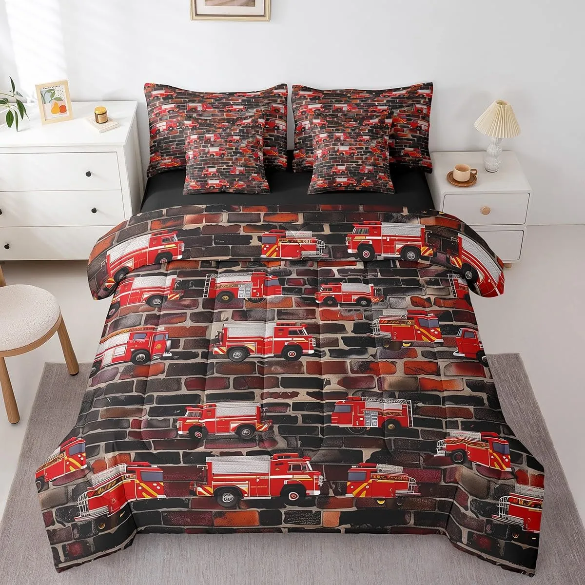 Erosebridal Fire Truck Full Bed in A Bag 7 Piece Fire Engines Trucks Comforter Set Cartoon Firemen Car Bedding Set for Kids Boys Toddler,Firefighter Vehicle Sheet Set with Comforter Pillow Covers