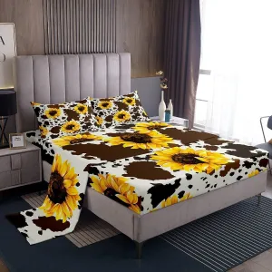 Erosebridal (Not Real) Sunflower Cow Bed Sheets for Kid Girl Man King,Rustic Cowhide Brown Sheet Set with Yellow Floral Soft,Wildlife Farmhouse Abstract Milk Cow Flat Sheet   2 Pillowcases