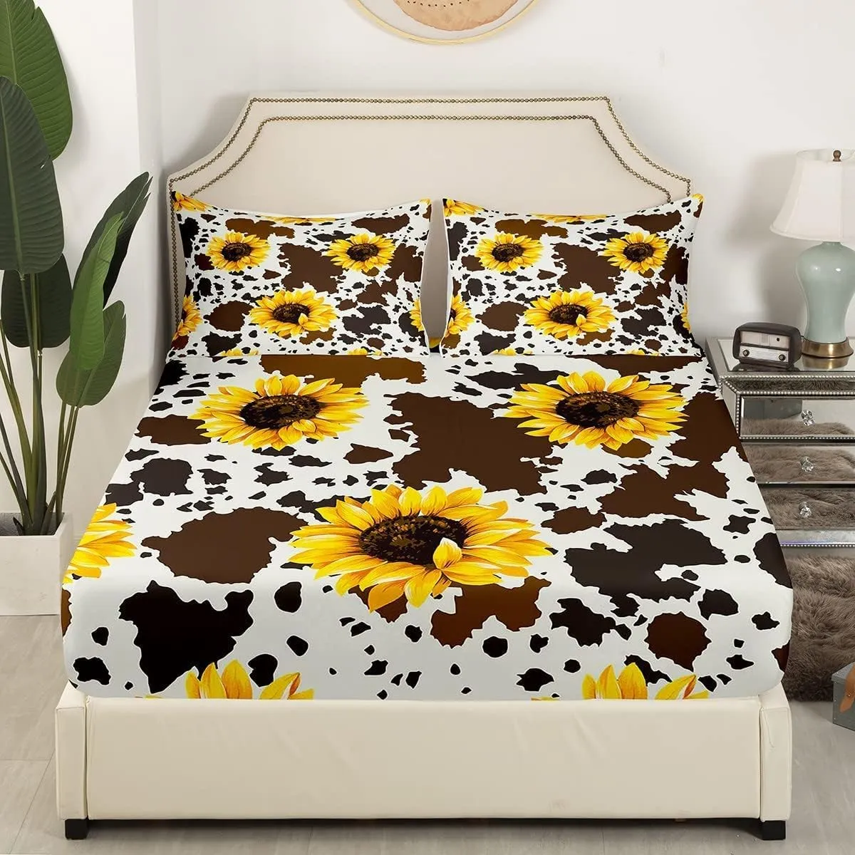 Erosebridal (Not Real) Sunflower Cow Bed Sheets for Kid Girl Man King,Rustic Cowhide Brown Sheet Set with Yellow Floral Soft,Wildlife Farmhouse Abstract Milk Cow Flat Sheet   2 Pillowcases