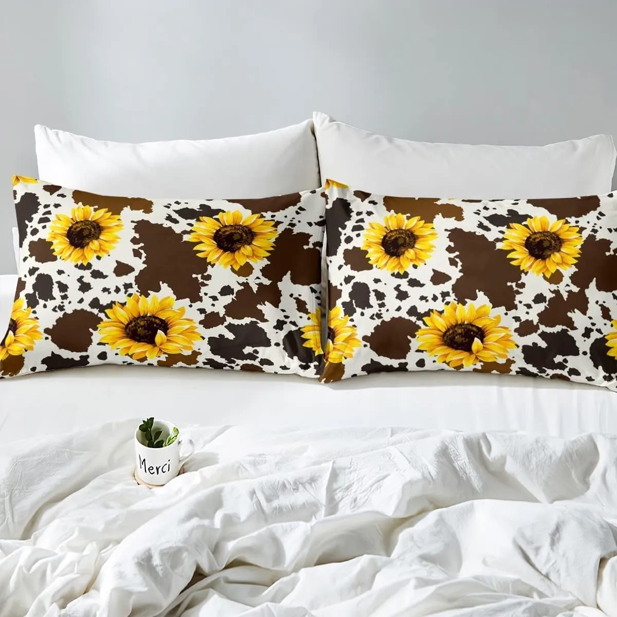 Erosebridal (Not Real) Sunflower Cow Bed Sheets for Kid Girl Man King,Rustic Cowhide Brown Sheet Set with Yellow Floral Soft,Wildlife Farmhouse Abstract Milk Cow Flat Sheet   2 Pillowcases