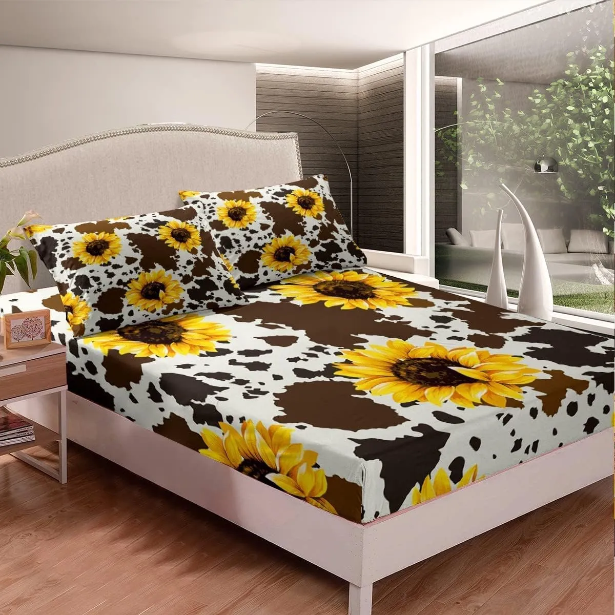 Erosebridal (Not Real) Sunflower Cow Bed Sheets for Kid Girl Man King,Rustic Cowhide Brown Sheet Set with Yellow Floral Soft,Wildlife Farmhouse Abstract Milk Cow Flat Sheet   2 Pillowcases