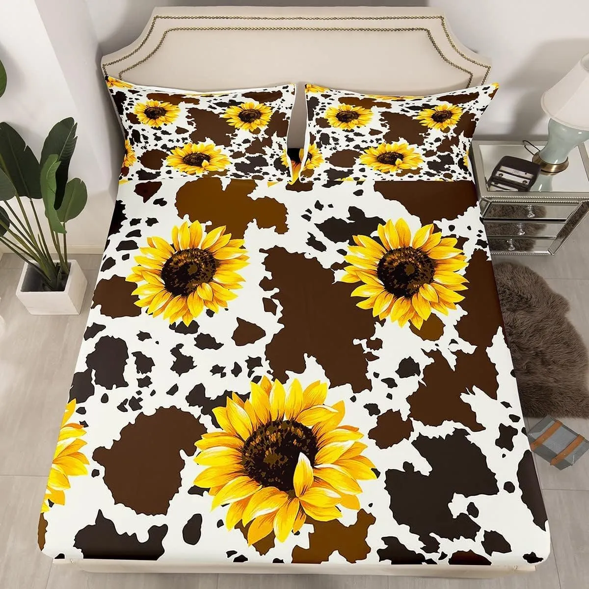Erosebridal (Not Real) Sunflower Cow Bed Sheets for Kid Girl Man King,Rustic Cowhide Brown Sheet Set with Yellow Floral Soft,Wildlife Farmhouse Abstract Milk Cow Flat Sheet   2 Pillowcases