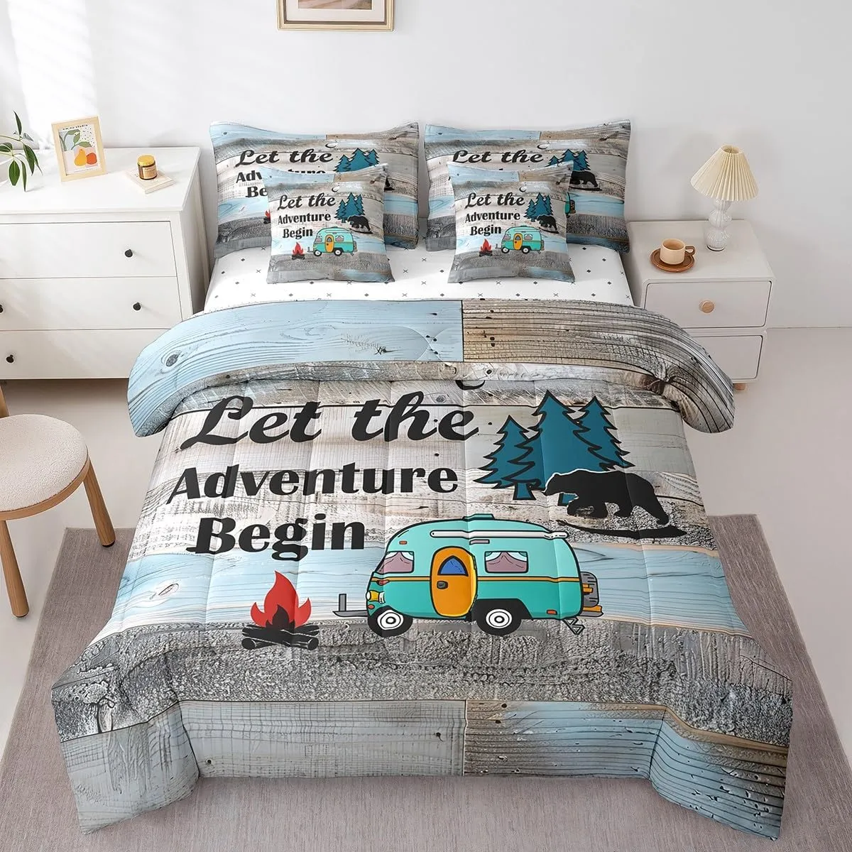 Erosebridal Rustic Camping Comforter Set for Travel Trailers Twin Size 7 Piece Farmhouse Camper Bedding Set with Sheet Set,Rv Adventure Bed in A Bag Woodland Bear Barn Door Bed Set