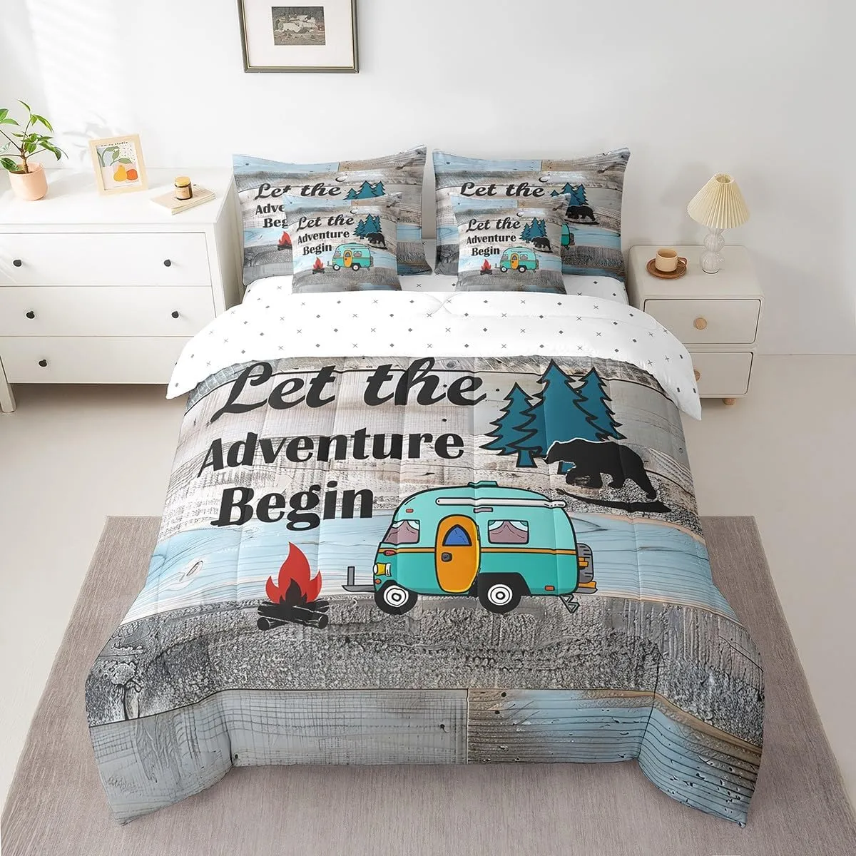 Erosebridal Rustic Camping Comforter Set for Travel Trailers Twin Size 7 Piece Farmhouse Camper Bedding Set with Sheet Set,Rv Adventure Bed in A Bag Woodland Bear Barn Door Bed Set