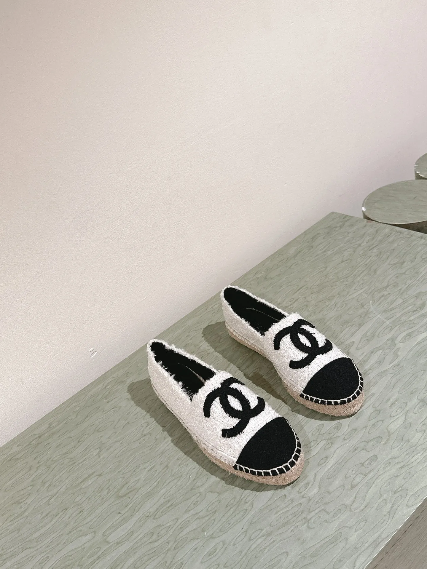 espadrilles white tweed black canvas