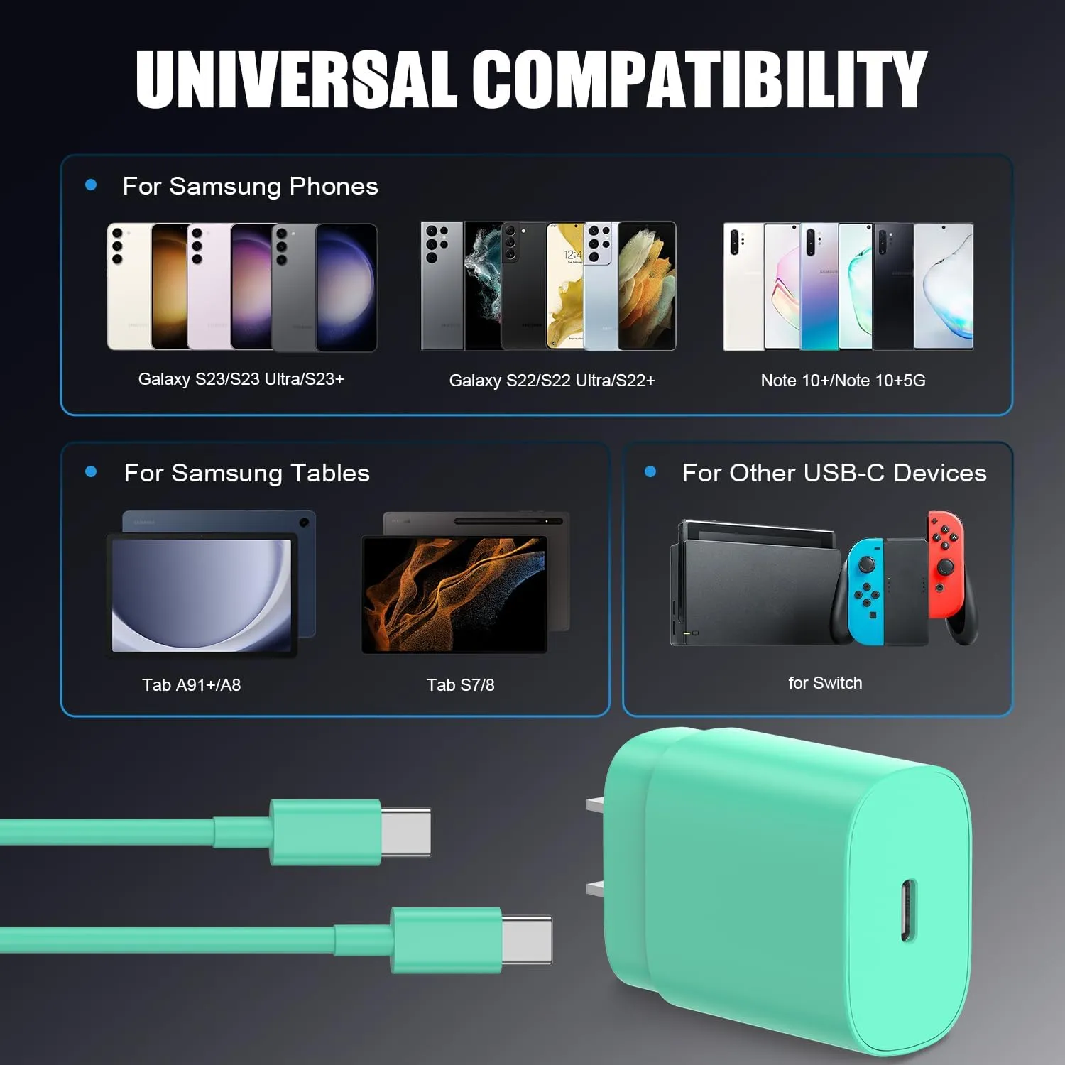 Essri 25W Super Fast Charger Block for Galaxy S24 Ultra/S24/S24 /S23 Ultra/S23/S22 Ultra/S22/S21 Ultra/S20 Ultra/Note 20,4Pack USB Type C Wall Charger with (6Ftx2 10Ftx2) USB C Charger Cable,Green