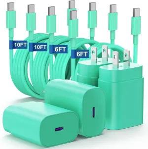 Essri 25W Super Fast Charger Block for Galaxy S24 Ultra/S24/S24 /S23 Ultra/S23/S22 Ultra/S22/S21 Ultra/S20 Ultra/Note 20,4Pack USB Type C Wall Charger with (6Ftx2 10Ftx2) USB C Charger Cable,Green