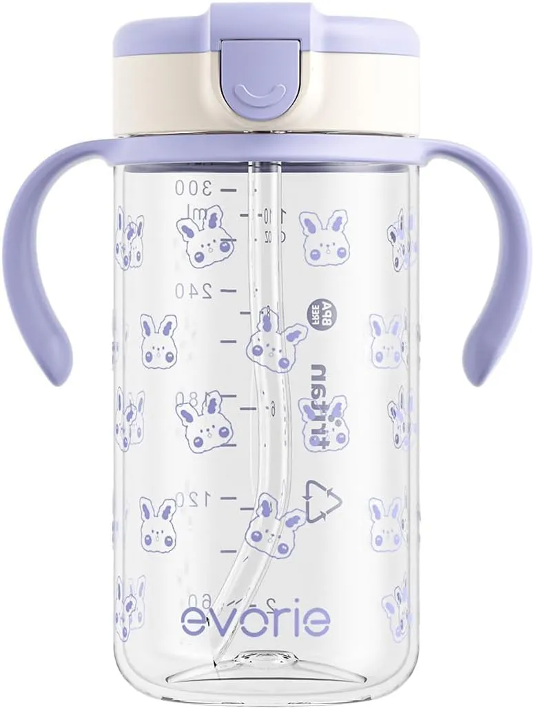 Evorie Tritan Spill Proof Toddler Straw Sippy Cup, 10 oz for Baby and Toddlers 1-3 Years Old, No Spill Straw Water Bottle with Removable Handles, Ideal for School, BPA-Free, Blue Rabbit