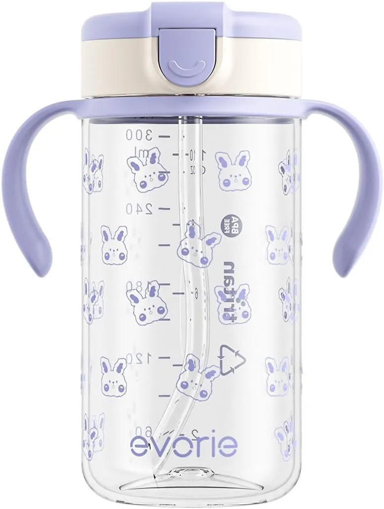 Evorie Tritan Spill Proof Toddler Straw Sippy Cup, 10 oz for Baby and Toddlers 1-3 Years Old, No Spill Straw Water Bottle with Removable Handles, Ideal for School, BPA-Free, Blue Rabbit