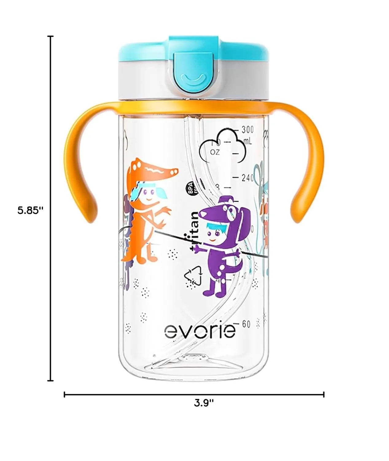 Evorie Tritan Spill Proof Toddler Straw Sippy Cup, 10 oz for Baby and Toddlers 1-3 Years Old, No Spill Straw Water Bottle with Removable Handles, Ideal for School, BPA-Free, Imaginations