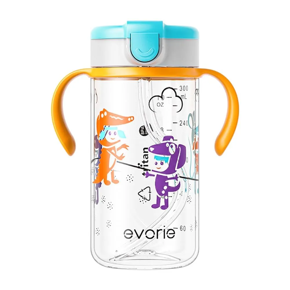 Evorie Tritan Spill Proof Toddler Straw Sippy Cup, 10 oz for Baby and Toddlers 1-3 Years Old, No Spill Straw Water Bottle with Removable Handles, Ideal for School, BPA-Free, Imaginations