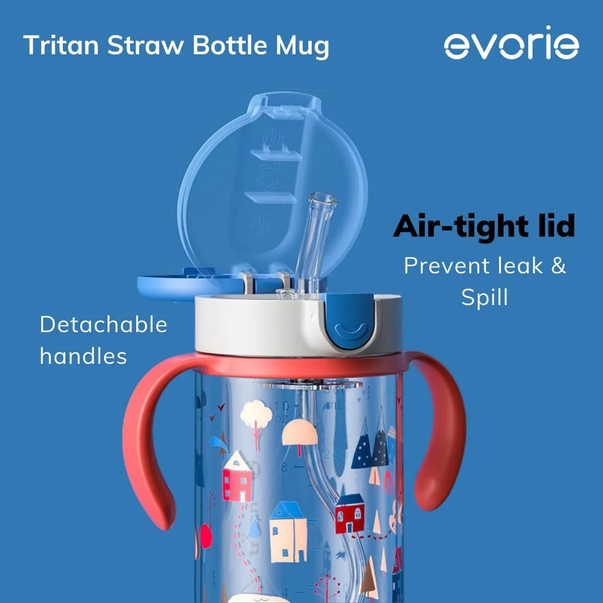 Evorie Tritan Spill Proof Toddler Straw Sippy Cup, 10 oz for Baby and Toddlers 1-3 Years Old, No Spill Straw Water Bottle with Removable Handles, Ideal for School, BPA-Free, Imaginations