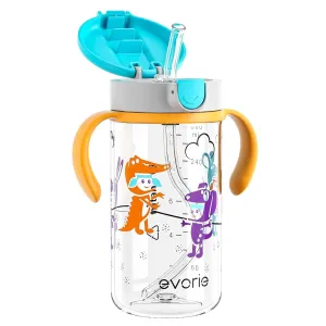 Evorie Tritan Spill Proof Toddler Straw Sippy Cup, 10 oz for Baby and Toddlers 1-3 Years Old, No Spill Straw Water Bottle with Removable Handles, Ideal for School, BPA-Free, Imaginations