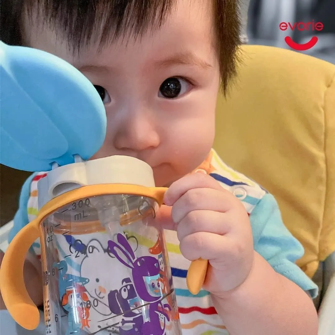 Evorie Tritan Spill Proof Toddler Straw Sippy Cup, 10 oz for Baby and Toddlers 1-3 Years Old, No Spill Straw Water Bottle with Removable Handles, Ideal for School, BPA-Free, Imaginations
