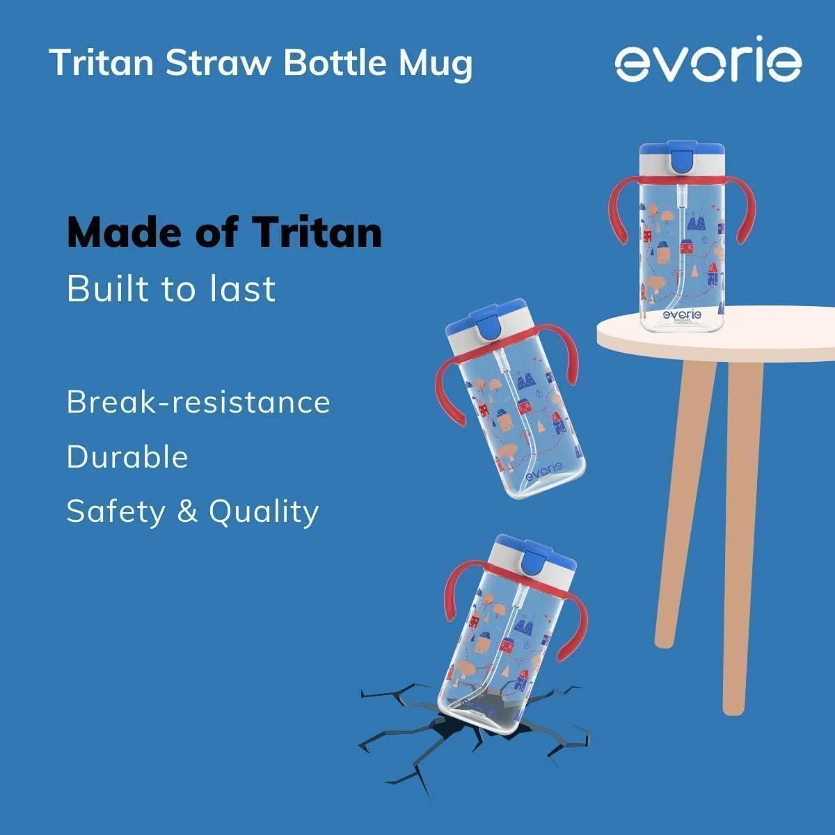 Evorie Tritan Spill Proof Toddler Straw Sippy Cup, 10 oz for Baby and Toddlers 1-3 Years Old, No Spill Straw Water Bottle with Removable Handles, Ideal for School, BPA-Free, Pink Rabbit