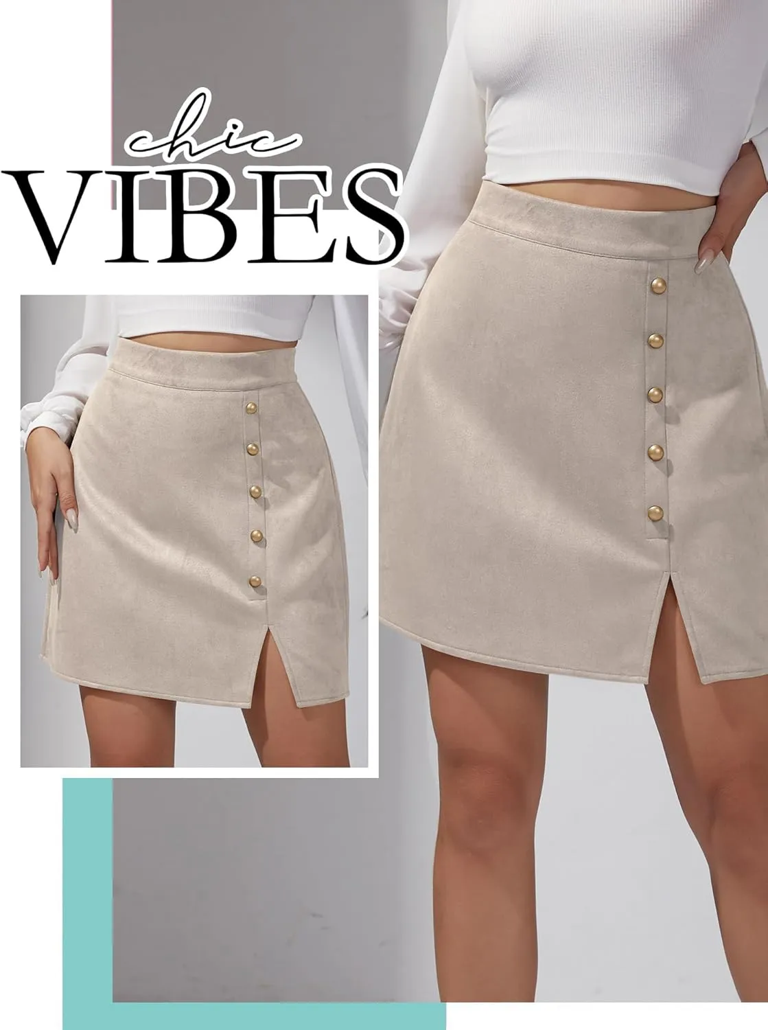 Ezcosplay Women Faux Suede Mini Skirt with Slit High Waisted Button Front A-Line Bodycon Short Skirts