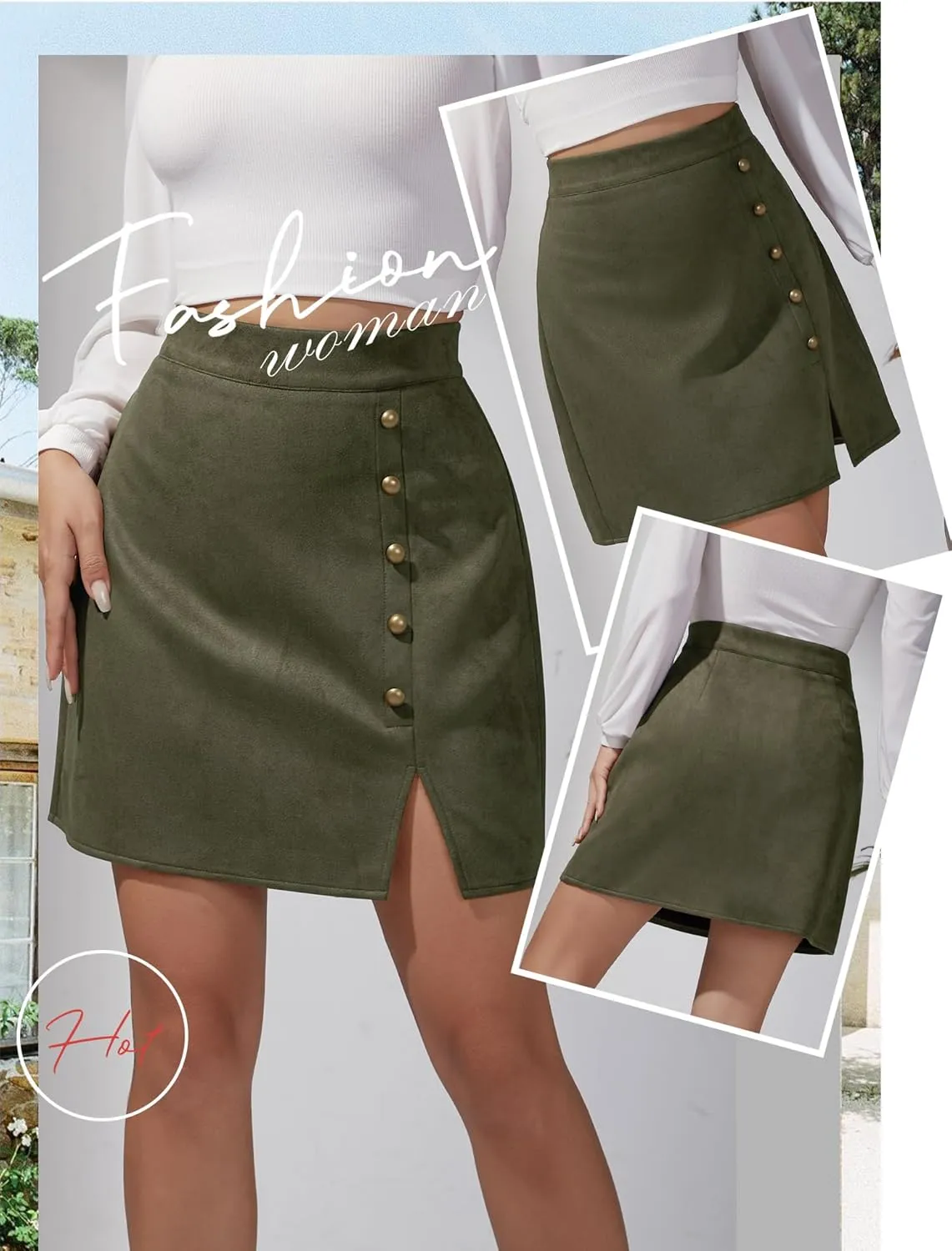 Ezcosplay Women Faux Suede Mini Skirt with Slit High Waisted Button Front A-Line Bodycon Short Skirts