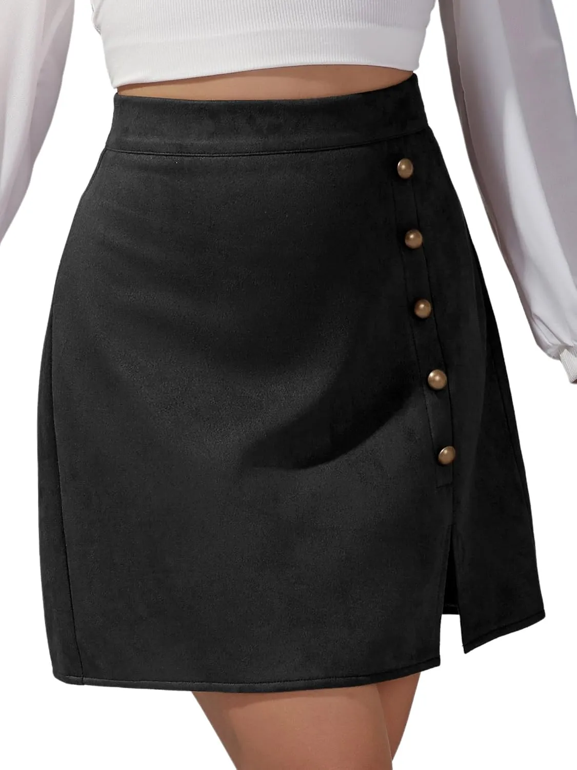Ezcosplay Women Faux Suede Mini Skirt with Slit High Waisted Button Front A-Line Bodycon Short Skirts