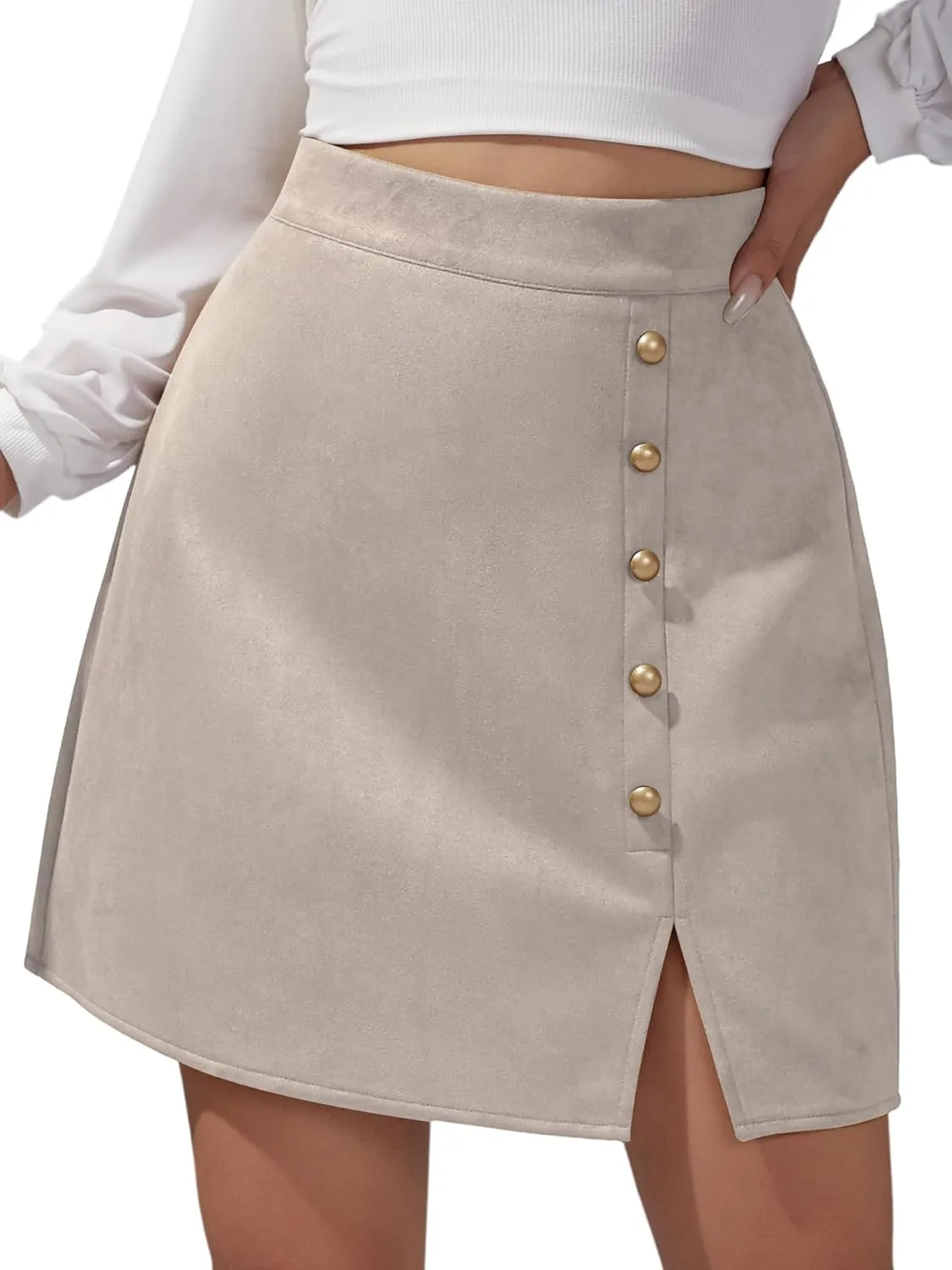 Ezcosplay Women Faux Suede Mini Skirt with Slit High Waisted Button Front A-Line Bodycon Short Skirts