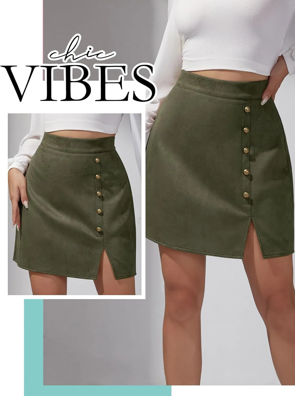 Ezcosplay Women Faux Suede Mini Skirt with Slit High Waisted Button Front A-Line Bodycon Short Skirts