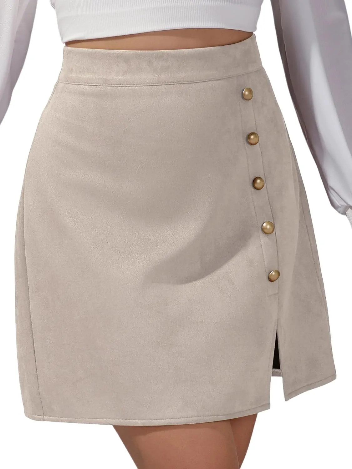 Ezcosplay Women Faux Suede Mini Skirt with Slit High Waisted Button Front A-Line Bodycon Short Skirts