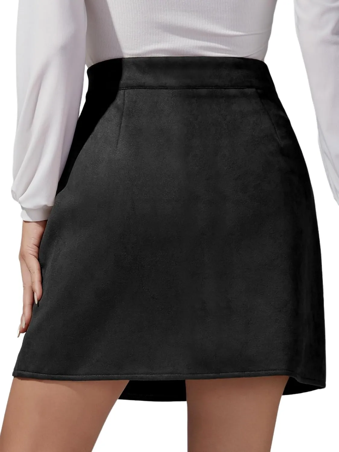 Ezcosplay Women Faux Suede Mini Skirt with Slit High Waisted Button Front A-Line Bodycon Short Skirts
