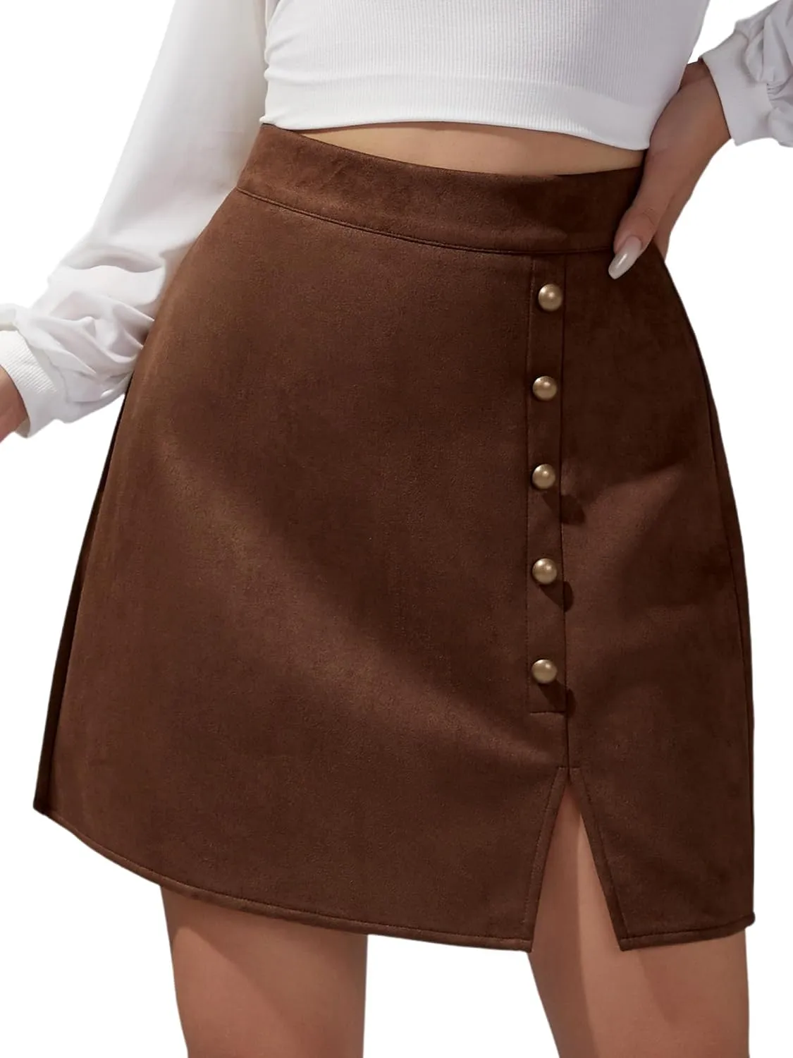 Ezcosplay Women Faux Suede Mini Skirt with Slit High Waisted Button Front A-Line Bodycon Short Skirts