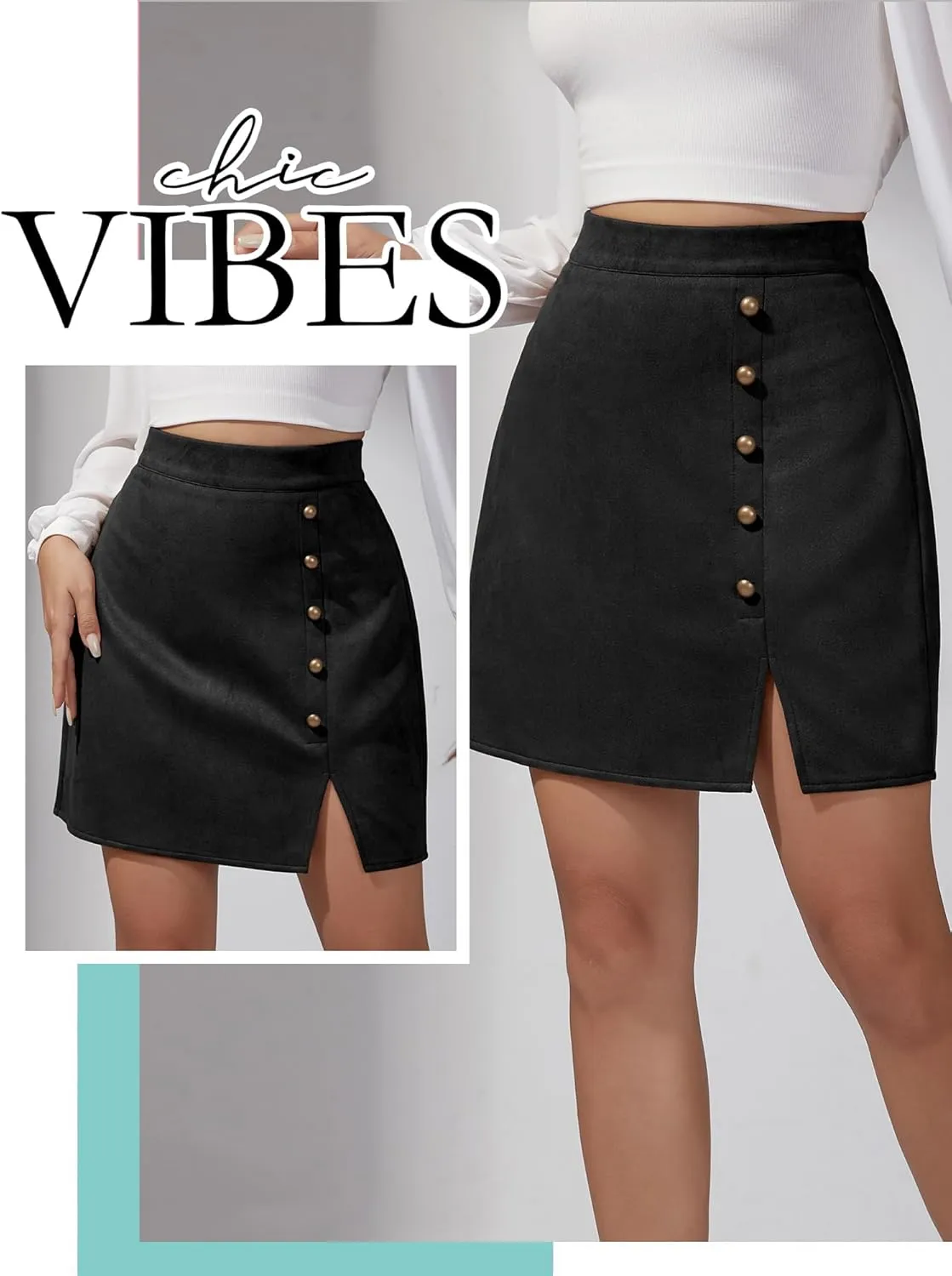 Ezcosplay Women Faux Suede Mini Skirt with Slit High Waisted Button Front A-Line Bodycon Short Skirts
