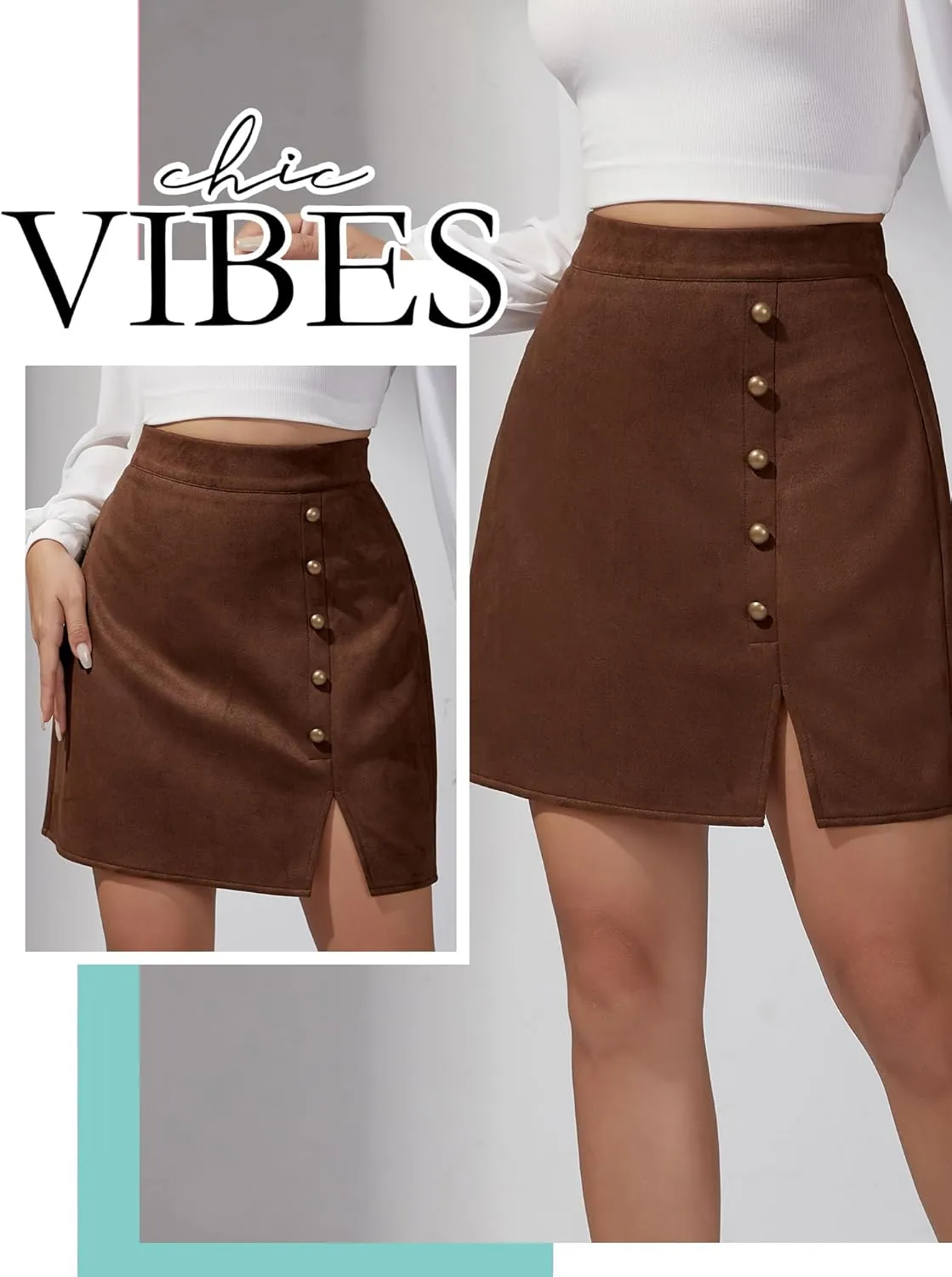 Ezcosplay Women Faux Suede Mini Skirt with Slit High Waisted Button Front A-Line Bodycon Short Skirts