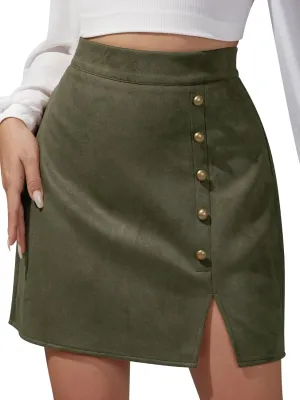 Ezcosplay Women Faux Suede Mini Skirt with Slit High Waisted Button Front A-Line Bodycon Short Skirts