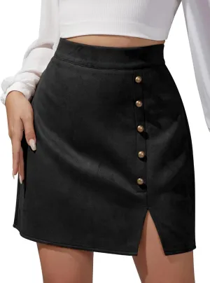 Ezcosplay Women Faux Suede Mini Skirt with Slit High Waisted Button Front A-Line Bodycon Short Skirts