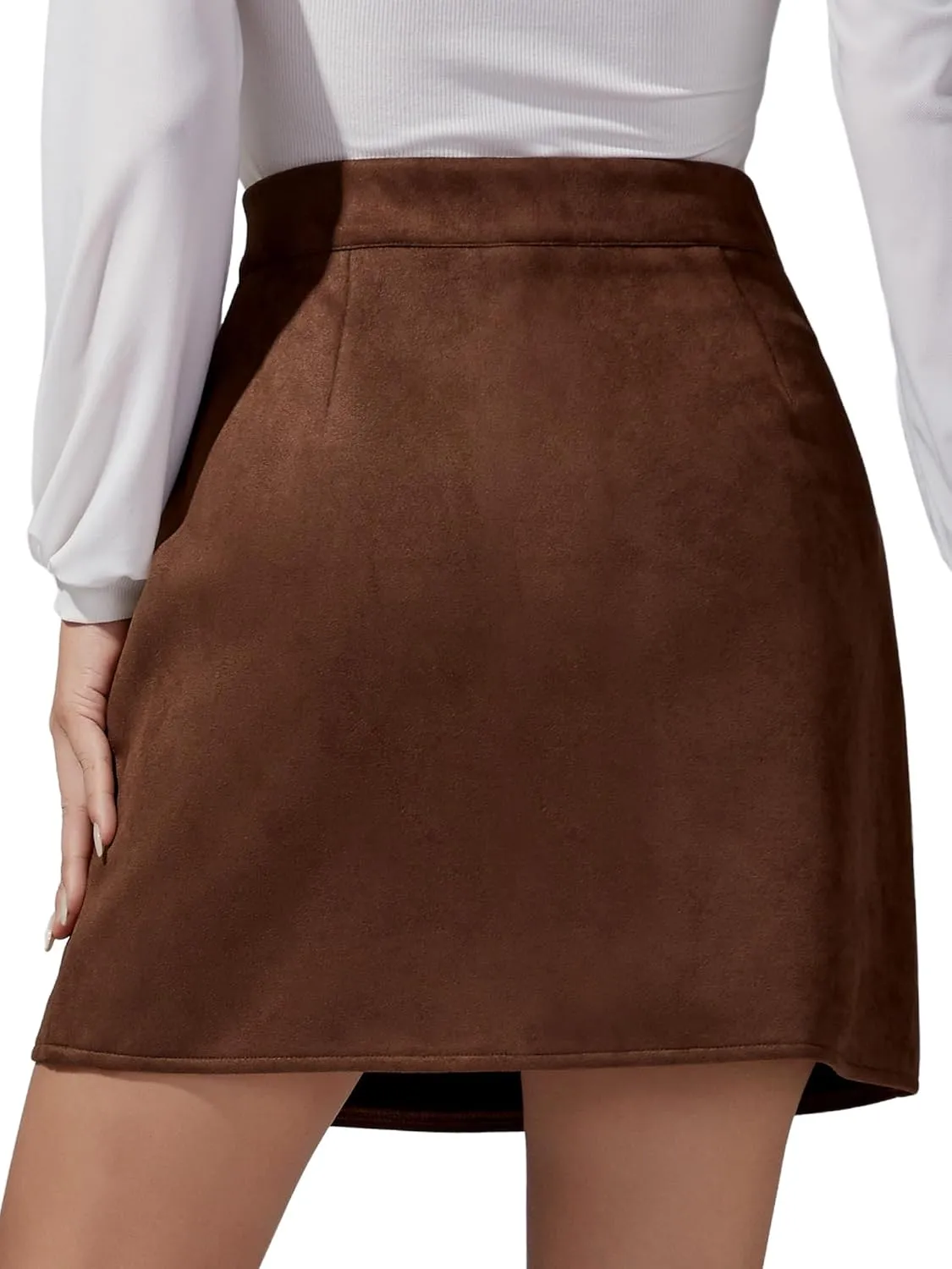 Ezcosplay Women Faux Suede Mini Skirt with Slit High Waisted Button Front A-Line Bodycon Short Skirts