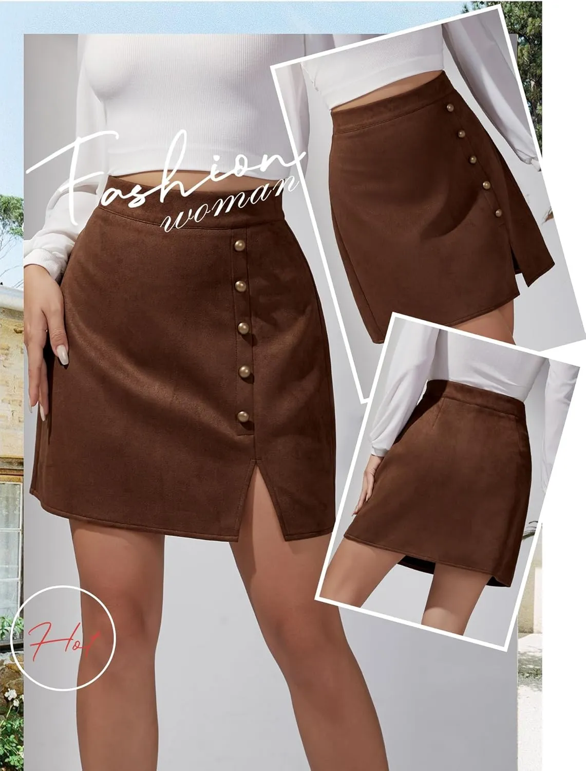 Ezcosplay Women Faux Suede Mini Skirt with Slit High Waisted Button Front A-Line Bodycon Short Skirts