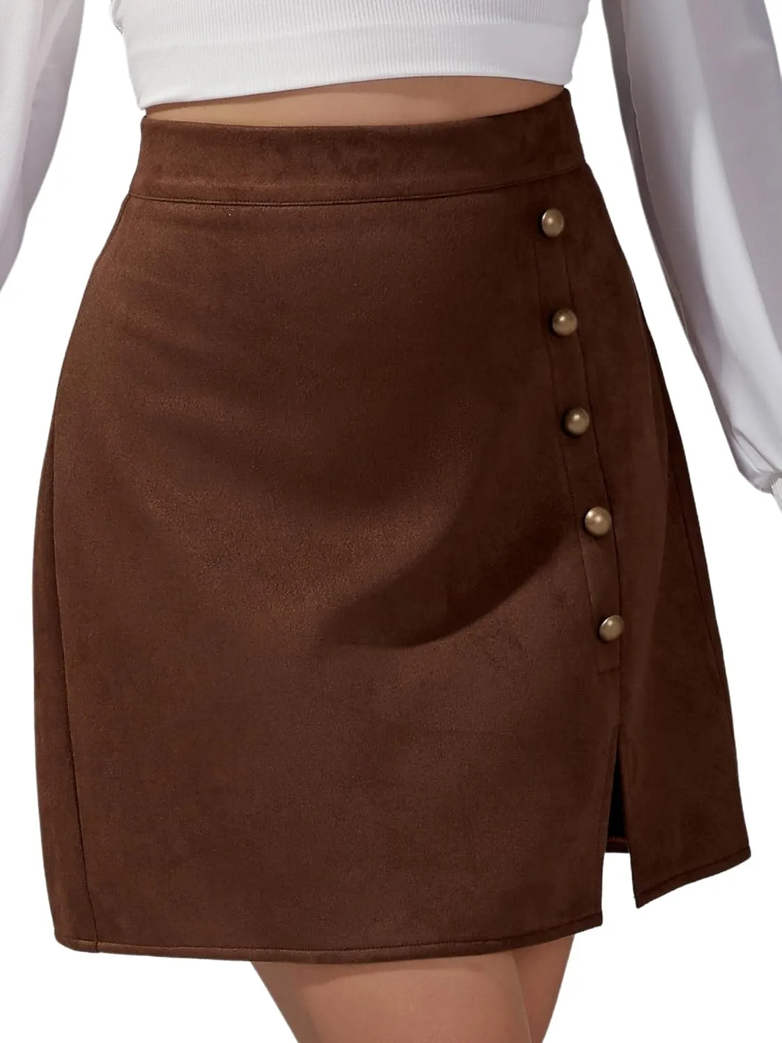 Ezcosplay Women Faux Suede Mini Skirt with Slit High Waisted Button Front A-Line Bodycon Short Skirts