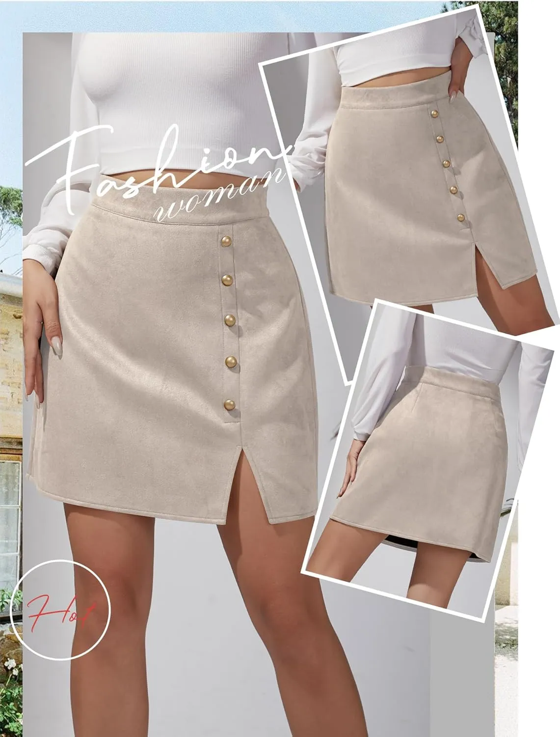Ezcosplay Women Faux Suede Mini Skirt with Slit High Waisted Button Front A-Line Bodycon Short Skirts