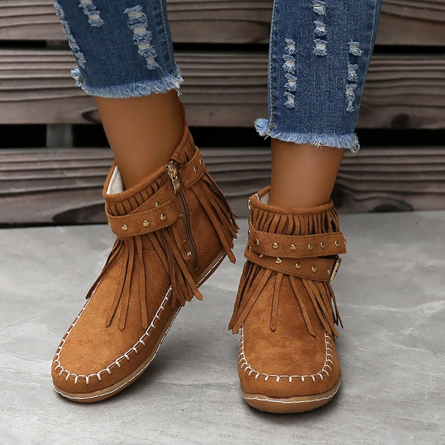 fabalshop Women's Western Cowboy Boots, Fringe Faux Suede Boots Retro Round Toe Fringe Buckle Strap Ankle Boot Low Heel Rome Flat Shoes Tassel Knight Booties Shoes
