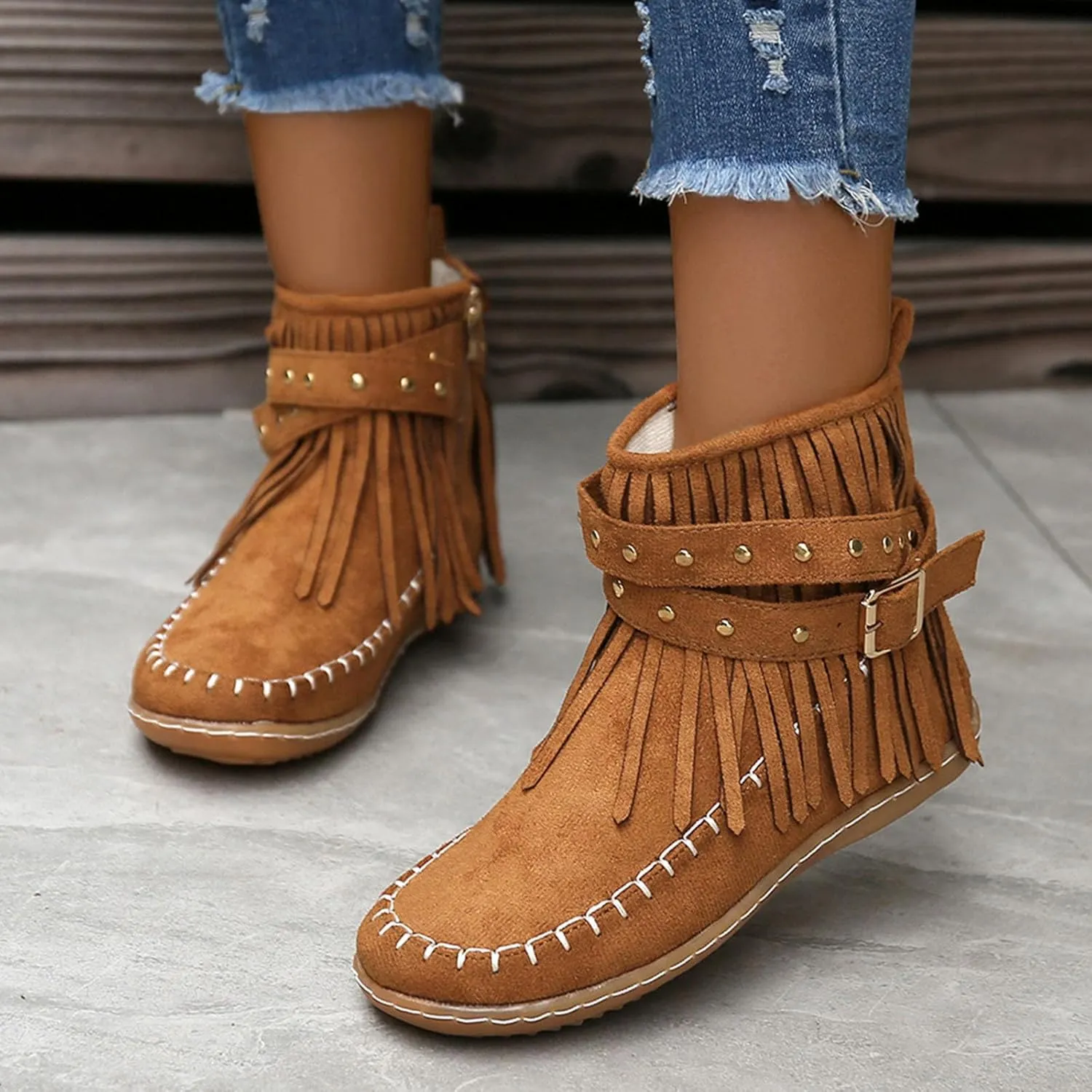 fabalshop Women's Western Cowboy Boots, Fringe Faux Suede Boots Retro Round Toe Fringe Buckle Strap Ankle Boot Low Heel Rome Flat Shoes Tassel Knight Booties Shoes