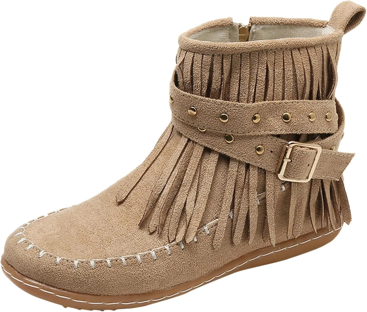 fabalshop Women's Western Cowboy Boots, Fringe Faux Suede Boots Retro Round Toe Fringe Buckle Strap Ankle Boot Low Heel Rome Flat Shoes Tassel Knight Booties Shoes