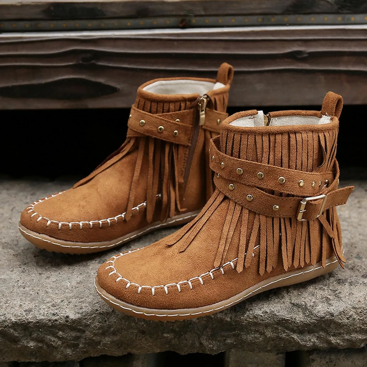 fabalshop Women's Western Cowboy Boots, Fringe Faux Suede Boots Retro Round Toe Fringe Buckle Strap Ankle Boot Low Heel Rome Flat Shoes Tassel Knight Booties Shoes