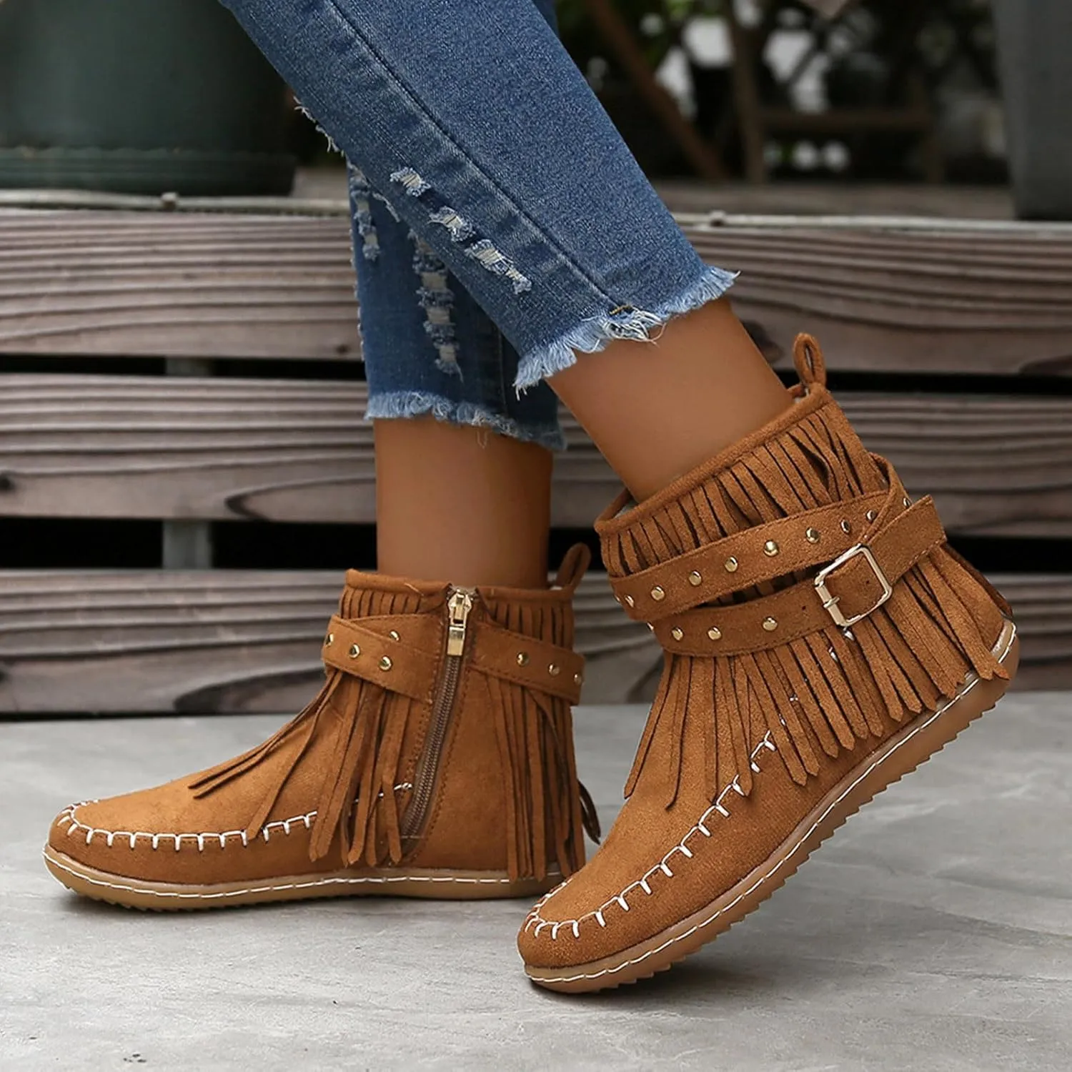 fabalshop Women's Western Cowboy Boots, Fringe Faux Suede Boots Retro Round Toe Fringe Buckle Strap Ankle Boot Low Heel Rome Flat Shoes Tassel Knight Booties Shoes