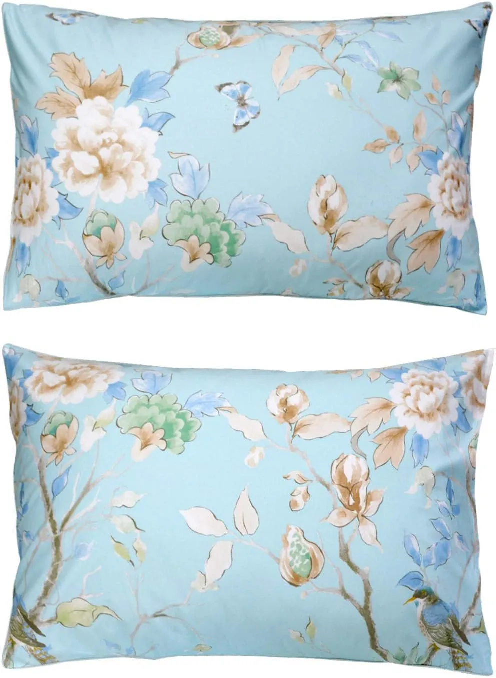 FADFAY Floral Bedding Shabby Blue Bird Print Bed Sheet Set Luxury Bedding Collections 800 Thread Count 100% Egyptian Cotton Deep Pocket, 4 Piece-Queen Size
