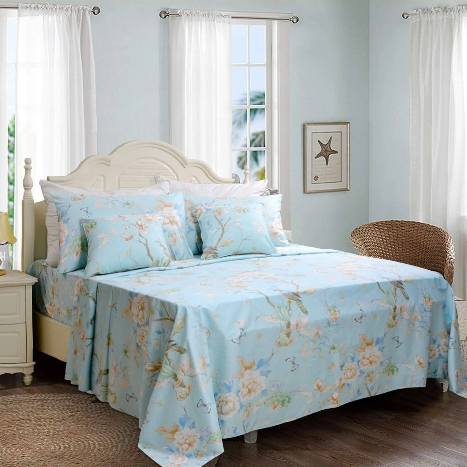 FADFAY Floral Bedding Shabby Blue Bird Print Bed Sheet Set Luxury Bedding Collections 800 Thread Count 100% Egyptian Cotton Deep Pocket, 4 Piece-Queen Size