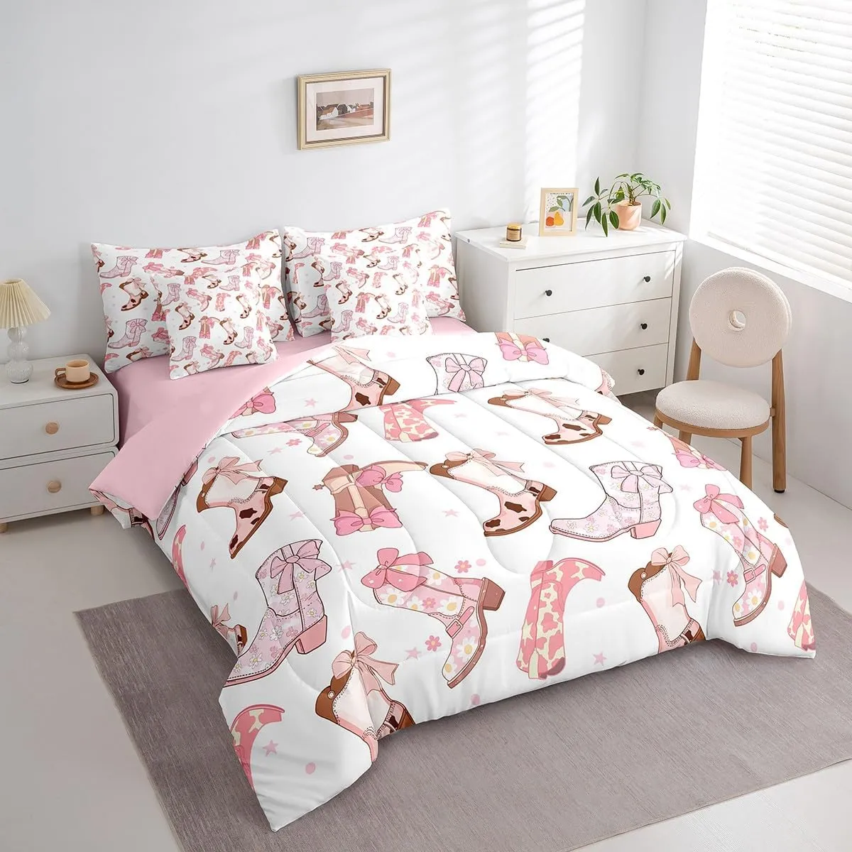 Feelyou Cowgirl Western Comforter Set with Sheets Pink Cowgirl Bowknot Bed in a Bag for Kids Boys Girls Bedroom Bed Decor Cowboy Boots Horseshoe 7 Piece Bedding Set Queen Size Wild West Soft Bed Set