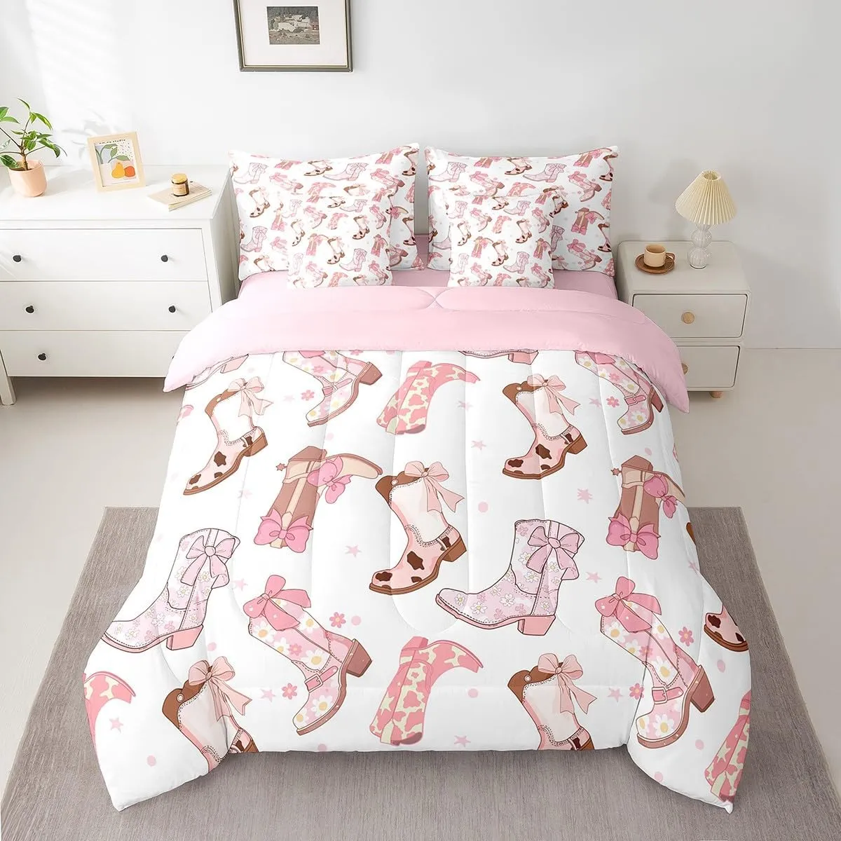 Feelyou Cowgirl Western Comforter Set with Sheets Pink Cowgirl Bowknot Bed in a Bag for Kids Boys Girls Bedroom Bed Decor Cowboy Boots Horseshoe 7 Piece Bedding Set Queen Size Wild West Soft Bed Set