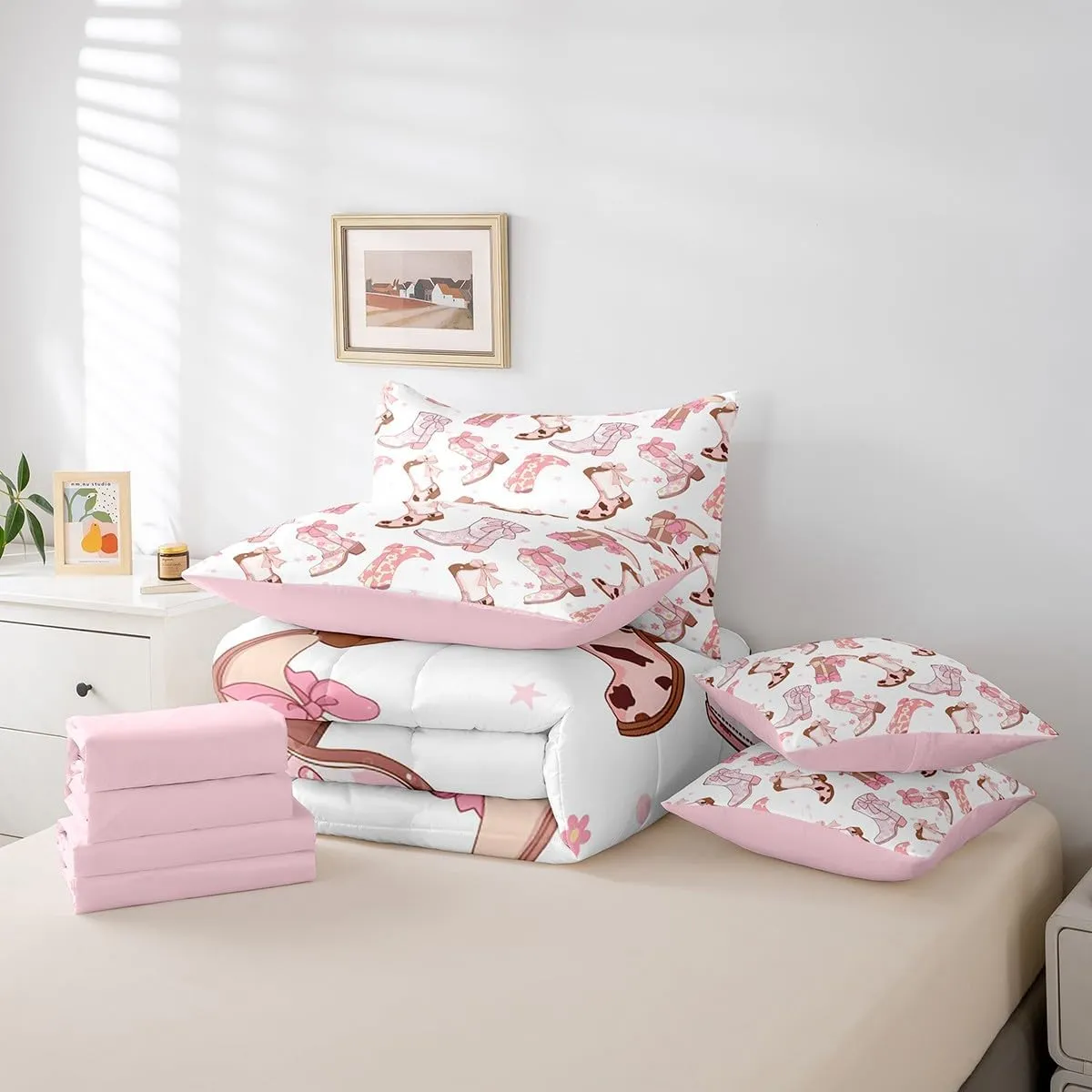 Feelyou Cowgirl Western Comforter Set with Sheets Pink Cowgirl Bowknot Bed in a Bag for Kids Boys Girls Bedroom Bed Decor Cowboy Boots Horseshoe 7 Piece Bedding Set Queen Size Wild West Soft Bed Set