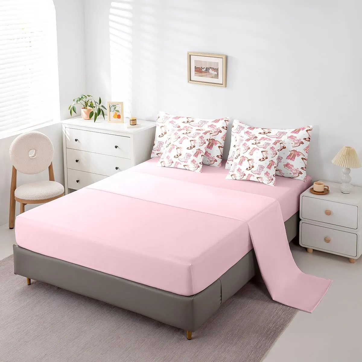 Feelyou Cowgirl Western Comforter Set with Sheets Pink Cowgirl Bowknot Bed in a Bag for Kids Boys Girls Bedroom Bed Decor Cowboy Boots Horseshoe 7 Piece Bedding Set Queen Size Wild West Soft Bed Set